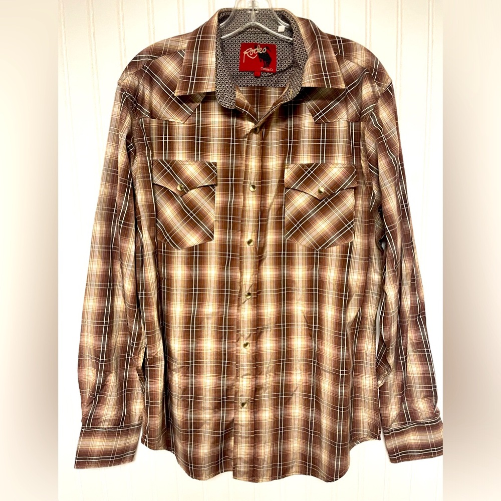 Rodeo Clothing Co. Brown Plaid Pearl Snap‎ Western Shirt Mens Large